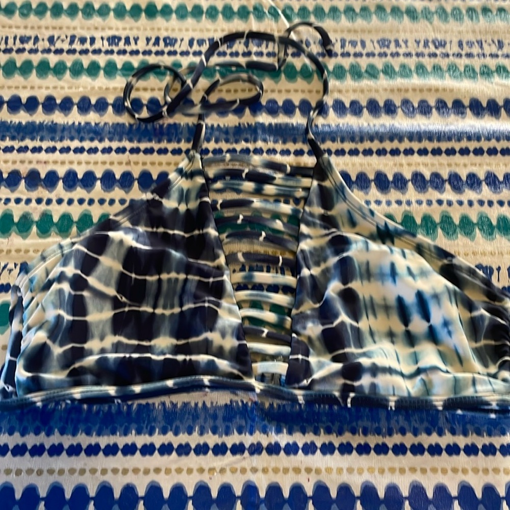 Blue and white tie-dyed bikini top